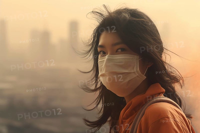 Asian woman covering mouth with medical face mask with blurry city covered in orange smog or sandstorm in background. KI generiert, generiert AI generated