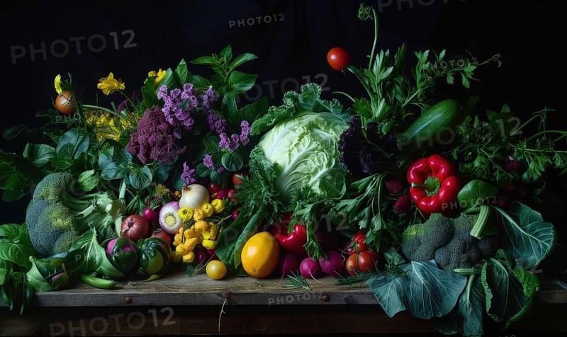 Still life Vegetables, Herbs and Fruit as ingredients in cooking. AI generated