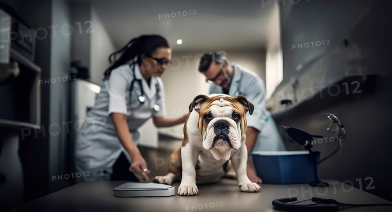 English bulldog dog in a veterinary clinic with a veterinarian, AI generated