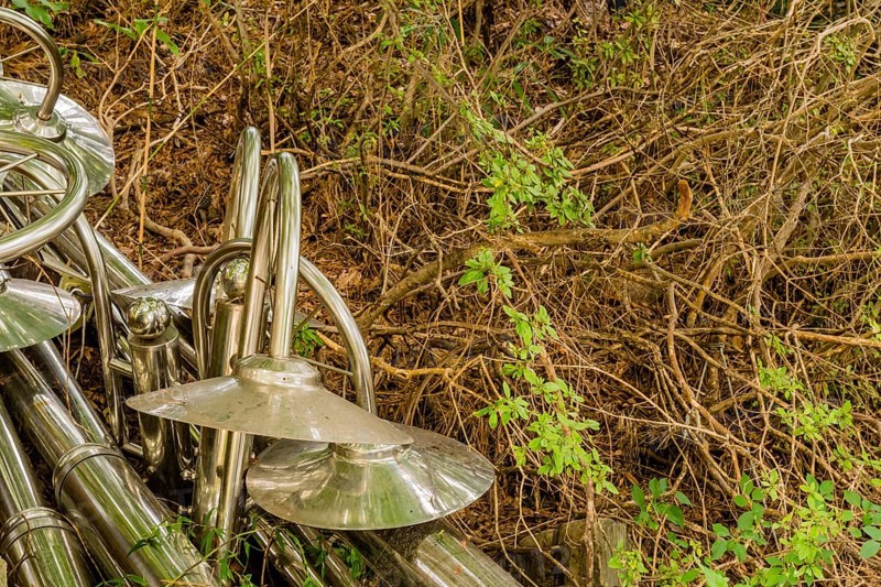 Discarded chrome plated lampposts laying on in dried vegetation on ground in South Korea