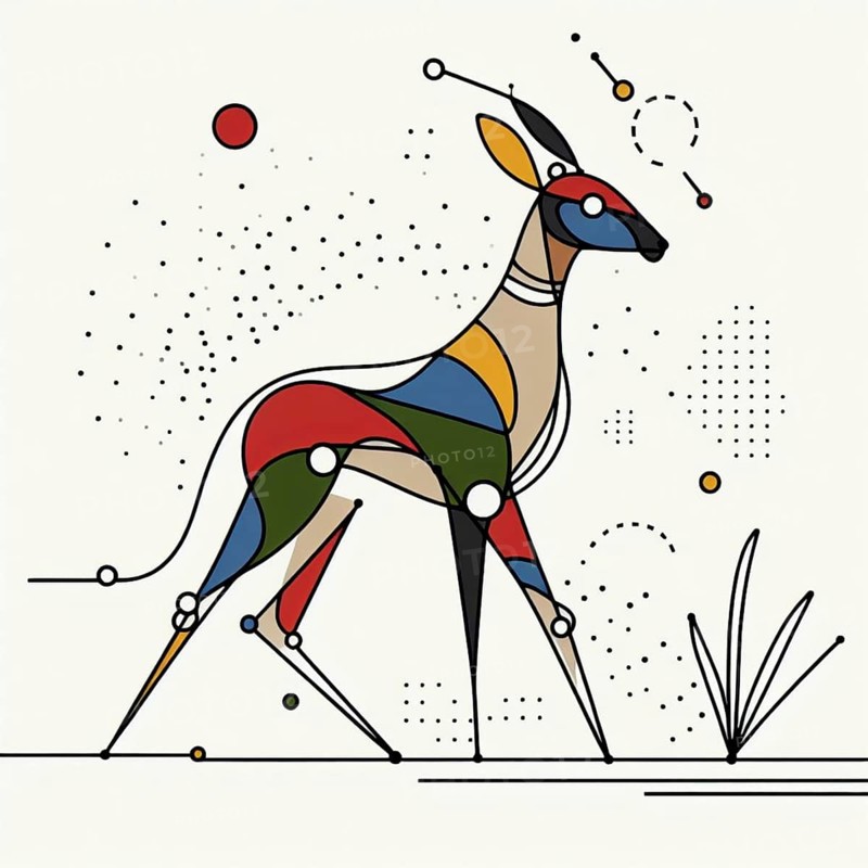 Dynamic abstract illustration of a gazelle crafted with geometric shapes and color blocks, continuous line art, creature is stylized and simplified to the most basic geometric forms, exaggerated features, adorned with splashes of primary colors, clean white solid background, with subtle geometric shapes and thin, straight lines that intersect with dotted nodes and overlap the figures. The overall aesthetic is modern and contemporary, AI generated
