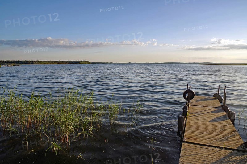 Small, deserted jetty on a lake in the evening light, Kristinehamm, Goeta Canal, Goetaland, Sweden, Europe