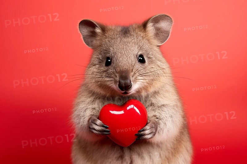 Quokka with red heart in front of studio background. KI generiert, generiert AI generated