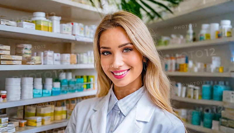 AI generated, A young pharmacist in her pharmacy, portrait, 30, 35, years, female, blonde, blond, blonde, beautiful teeth, smiles, long hair, profession, professions, medicines in the background