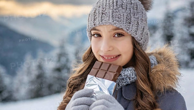 KI generated, Young girl, 15, years, eating a bar of chocolate, one person, outdoor shot, ice, snow, winter, seasons, eating, eating, hat, bobble hat, gloves, winter jacket, cold, coldness