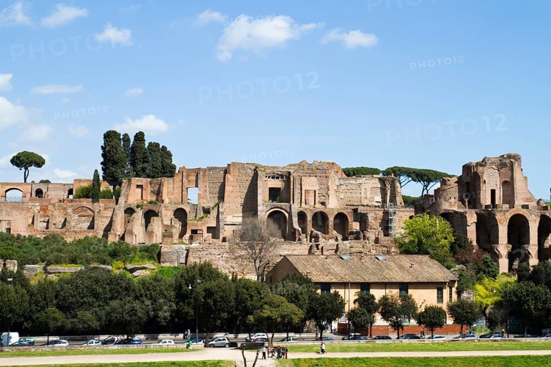 Ruins of the Palatine in Rome under a clear blue sky, testimony to ancient history and culture