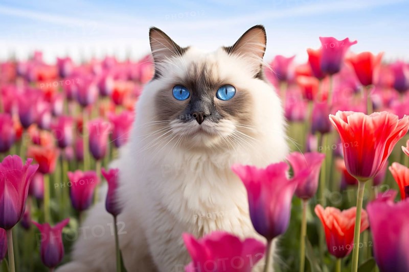 Ragdoll cat with blue eyes in field of pink tulip spring flowers. KI generiert, generiert AI generated