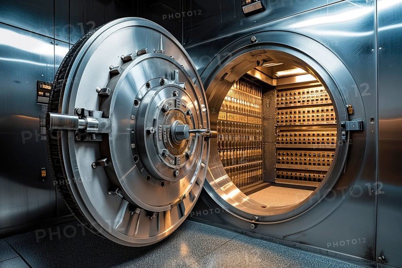 Open bank vault door, revealing a room filled with safety deposit boxes in safe depositary. The metallic and sturdy design of the door highlights security and protection, AI generated