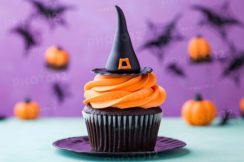 Halloween cupcake with orange frosting and black witch hat topping. KI generiert, generiert AI generated