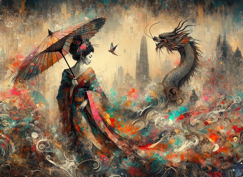A colorful artistic rendition of a geisha with a dragon amidst an abstract background, japanese themed shunga style based, AI Generated, AI generated