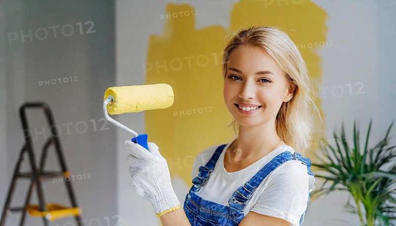 AI generated, woman, woman, a young girl paints a wall with new paint, yellow, yellow, renovation of old flat, paint roller, ladder, paint, 20, 25, years, one, one person, daughter, student, pastime, family, girl, smiling, smiling, fun at work, laughing, laughing, laughing, dungarees, jeans