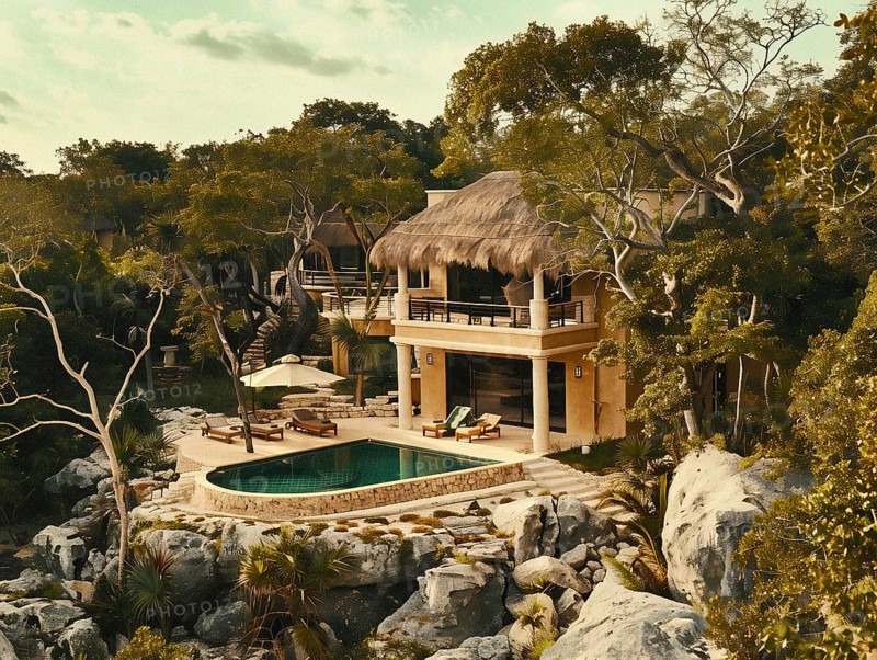 A luxurious tropical villa with a thatched roof overlooks a serene swimming pool surrounded by lush trees, Playa del Carmen beach in Mexico, AI generated