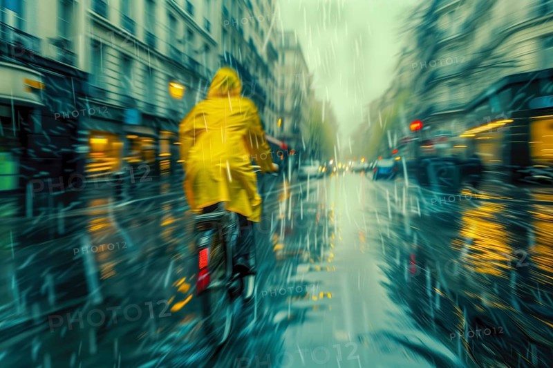 Person in yellow mackintosh riding a bike on a wet road in heavy rain, captured with motion blur, AI generated, AI generated