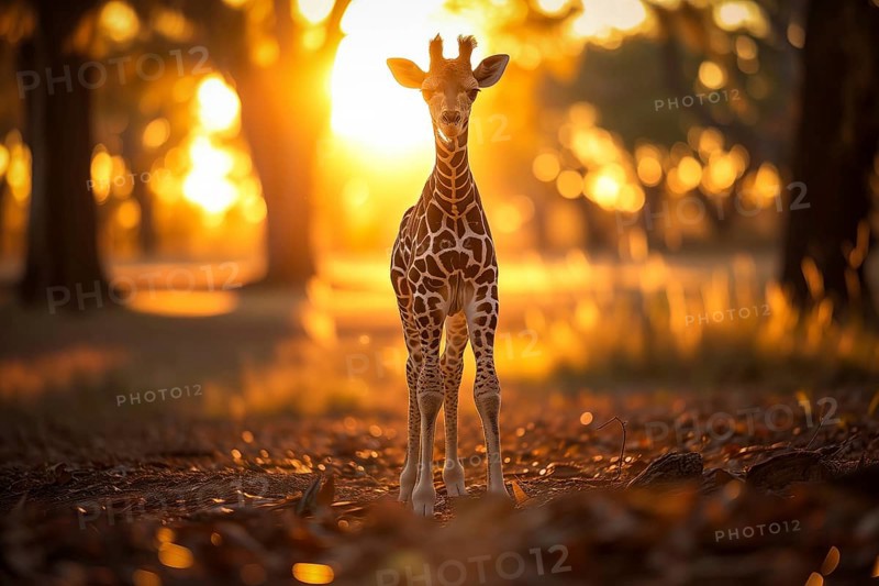 Baby giraffe standing amidst the golden rays of the setting sun, surrounded by nature s beauty, AI generated