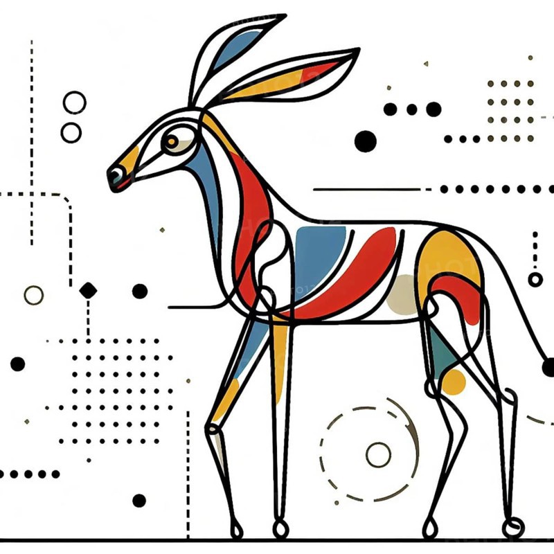 Stylized geometric representation of a gazelle with abstract colorful shapes, continuous line art, creature is stylized and simplified to the most basic geometric forms, exaggerated features, adorned with splashes of primary colors, clean white solid background, with subtle geometric shapes and thin, straight lines that intersect with dotted nodes and overlap the figures. The overall aesthetic is modern and contemporary, AI generated