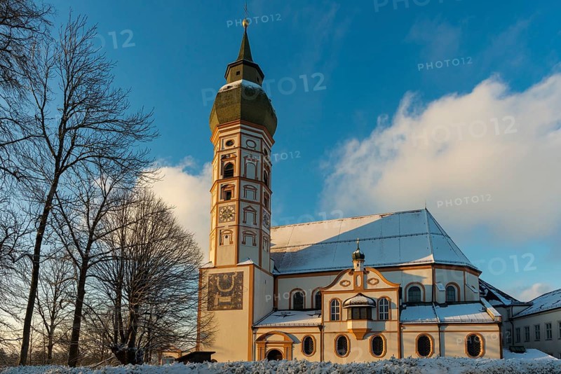 Andechs Monastery in winter, sunset, Fuenfseenland, Pfaffenwinkel, Upper Bavaria, Bavaria, Germany, Europe