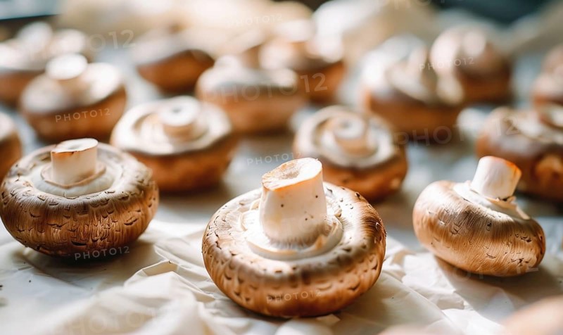 Fresh champignons on a white background. Selective focus. AI generated