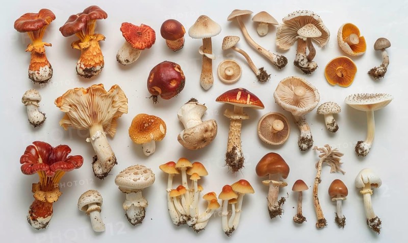 Variety of edible mushrooms on white background. Top view, flat lay. AI generated