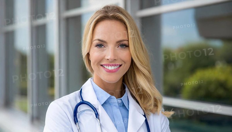 AI generated, A young pharmacist in her pharmacy, portrait, 30, 35, years, female, blonde, blond, blonde, beautiful teeth, smiles, long hair, profession, professions, medicines in the background