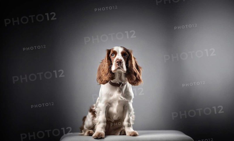 English cocker spaniel young dog posing. white and brown dog or pet playing happy, isolated, AI generated