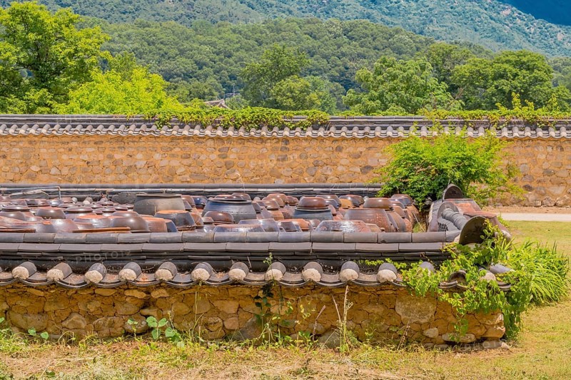 Rows of brown ceramic pickling jars sitting in walled enclosure of stone and mortar with tiled shingles in South Korea