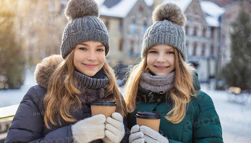 AI generates, human, humans, person, persons, child, children, girl, two, 15, years, outdoor, ice, snow, winter, seasons, drinks, drinking, coffee to go, coffee, cup, paper cup, hot drink, cap, bobble hat, gloves, winter jacket, cold, coldness