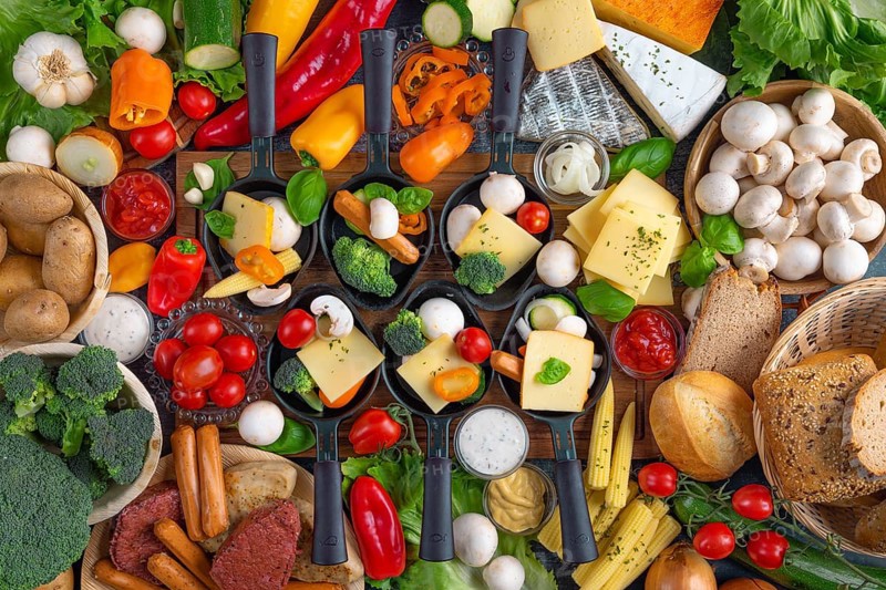 Filled raclette pans with a rich selection of cheese, vegetables and vegetarian meat substitutes, appetisingly presented
