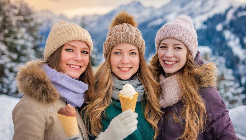 AI generated, human, humans, person, persons, woman, woman, three, 20, 25, years, outdoor, ice, snow, winter, seasons, eats, eating, ice cream, waffle ice cream, waffle, Italian ice cream, cap, bobble hat, gloves, winter jacket, cold, coldness