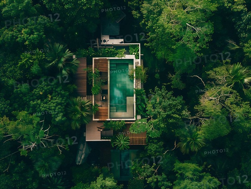 Aerial shot of a luxurious house with a pool nestled in a dense green forest, Playa del Carmen beach in Mexico, AI generated