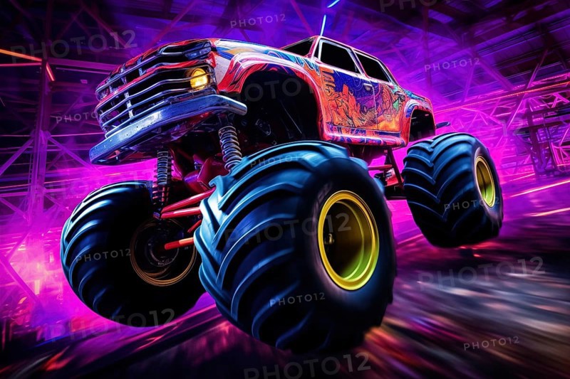 Monster truck with neon lighting, jumping off-road in cloud of dust. Excitement and thrill of an extreme sport, AI generated
