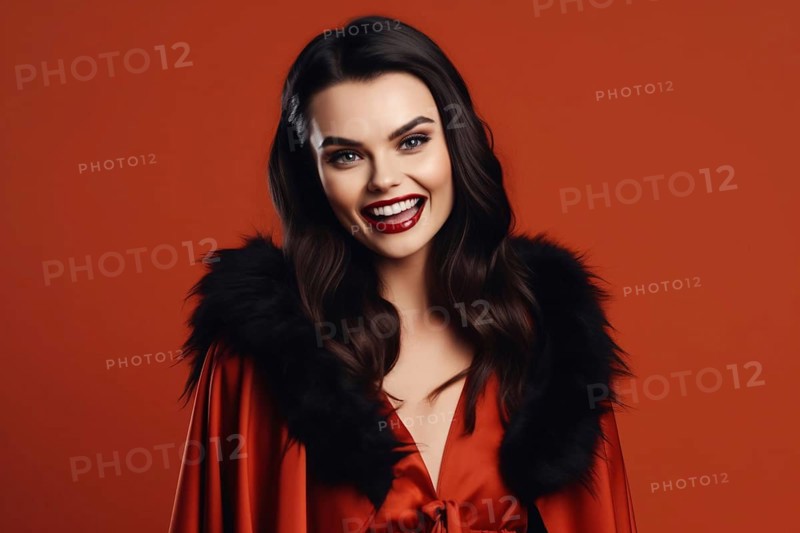 Woman in vampire Halloween costume on red background. KI generiert, generiert AI generated