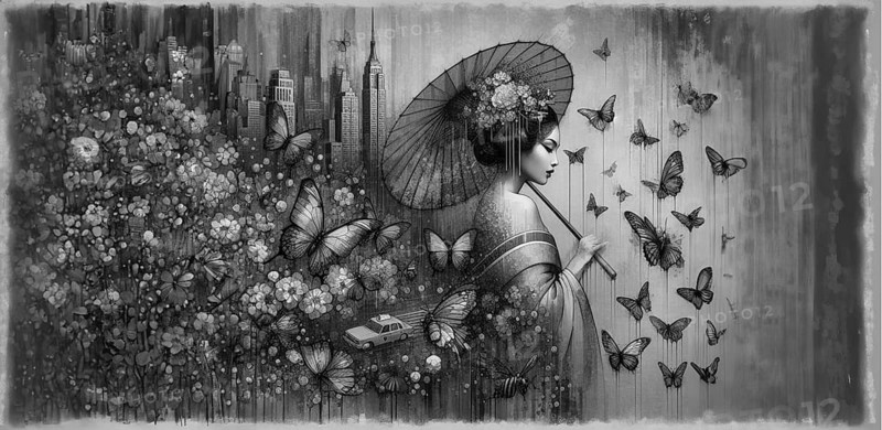 Tranquil monochrome scene of a geisha with butterflies and a vintage taxi among florals, shunga vintage japanese themed style art, AI generated