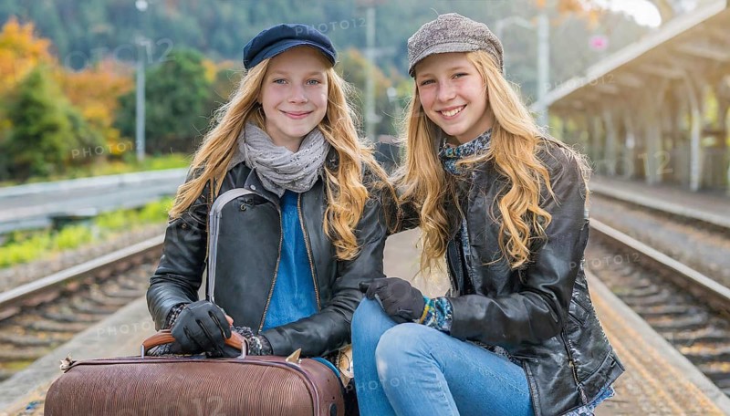 AI generated, Two young blonde woman want to travel and wait in the station for the train, 18, blond, blonde, modern, modern, suitcase, handbag, leather jacket, white, sneakers, shoes, sexy, attractive, attractive, long-haired, transport, traffic