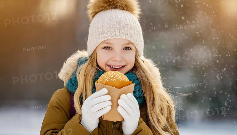 AI generated, human, humans, person, persons, child, children, girl, 10, 12, years, one person, outdoor, ice, snow, winter, seasons, eats, eating, burger, hamburger, cap, bobble hat, gloves, winter jacket, cold, coldness