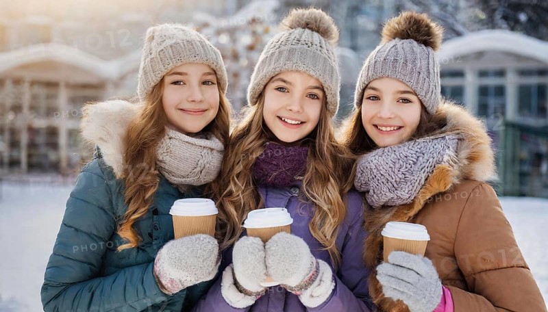 AI generated, human, humans, person, persons, woman, woman, three persons, coffee, coffee mug, coffee to go, outdoor shot, ice, snow, winter, seasons, drinks, drinking, cap, bobble hat, gloves, winter jacket, cold, cold, portrait