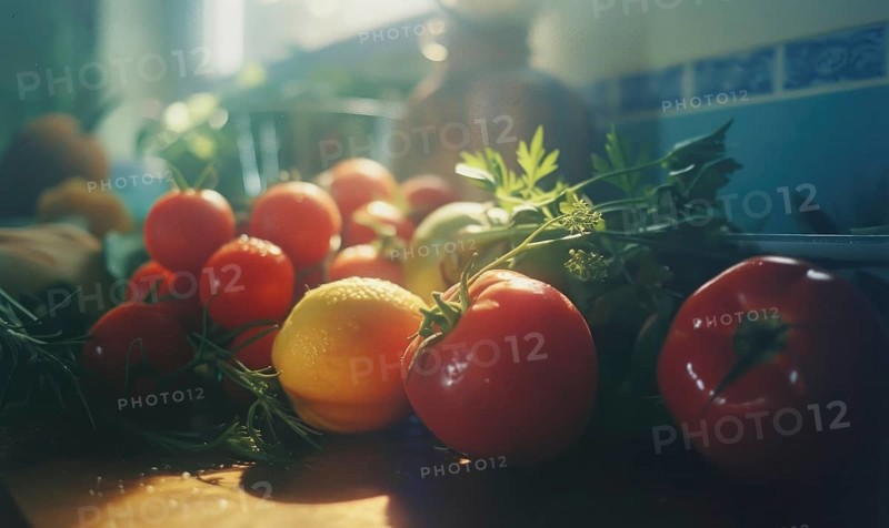 Tomatoes and lemons on the table in the kitchen. Selective focus AI generated