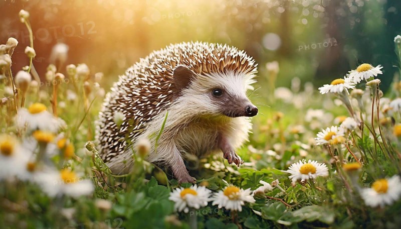 KI generated, animal, animals, mammal, mammals, young hedgehog (Erinaceidae), sitting in flower meadow, spring, a single animal, white and yellow flowers, meadow, lawn