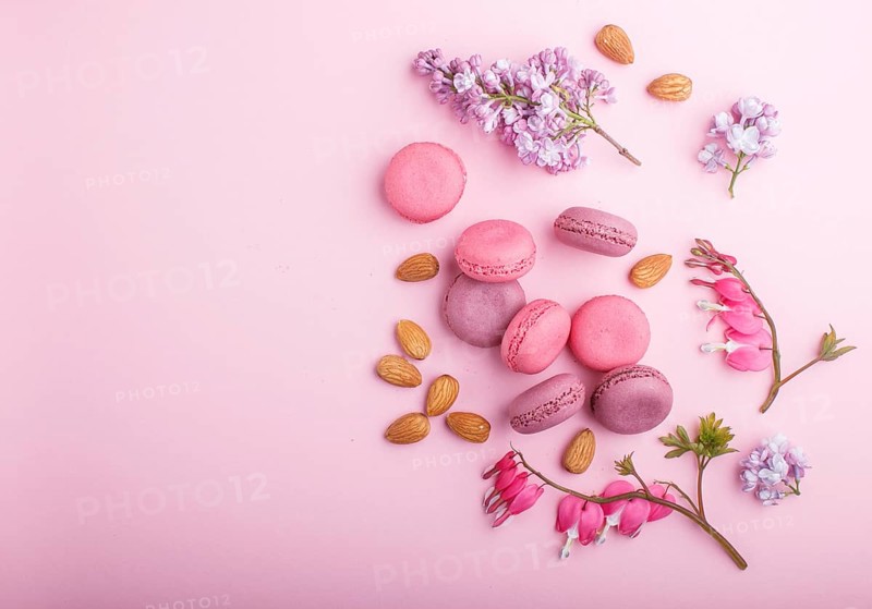 Purple and pink macaron or macaroon cakes with lilac and bleeding heart flowers on pastel pink background. Morninig, spring, fashion composition. Flat lay, top view, copy space