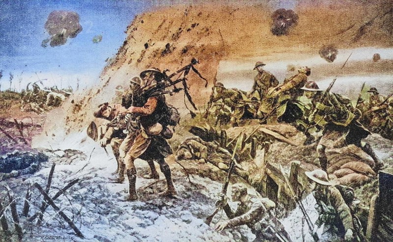 The pipers of Longueval, How the Highlanders were led into battle on 14 July 1916, World War 1, Bagpipers, Historical, Digitally restored reproduction from a 19th century original, Record date not stated