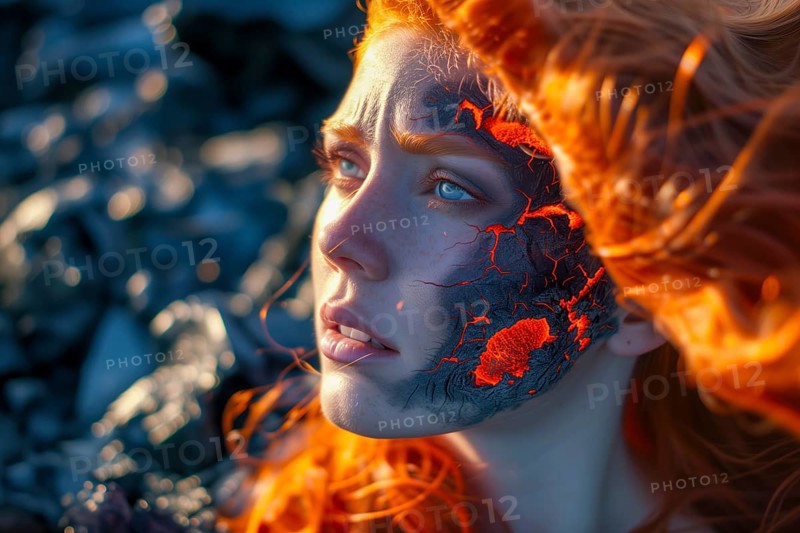 Portrait of a woman looking into the distance with lava facial texture and red hair, surrounded by solidified lava, AI generated, AI generated