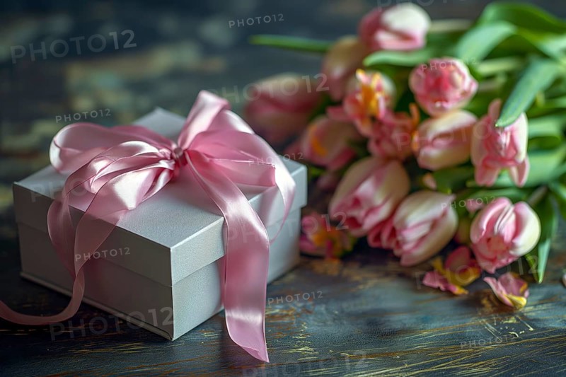 Gift Box with Pink Ribbon Beside bouquet of Fresh Tulips. Background for Valentine day, March 8, mother day, spring holidays, birthday, AI generated