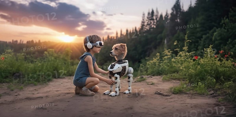 Child in VR glasses with a robot dog in nature. The concept of robotics in children's lives, AI generated