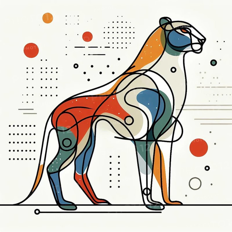 Abstract geometric representation of a lion with colorful shapes and minimalist style, continuous line art, creature is stylized and simplified to the most basic geometric forms, exaggerated features, adorned with splashes of primary colors, clean white solid background, with subtle geometric shapes and thin, straight lines that intersect with dotted nodes and overlap the figures. The overall aesthetic is modern and contemporary, AI generated