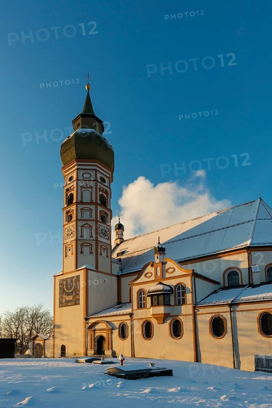 Andechs Monastery in winter, sunset, Fuenfseenland, Pfaffenwinkel, Upper Bavaria, Bavaria, Germany, Europe