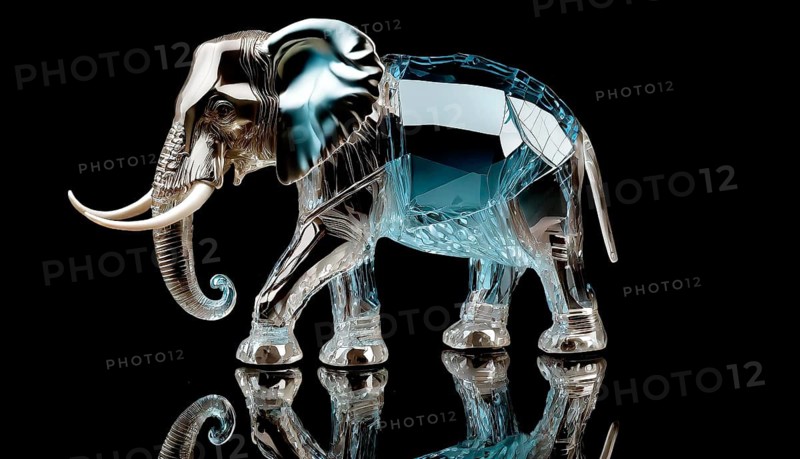 Elephant, animal sculpture made of bluish iridescent crystal glass, AI generated, AI generated