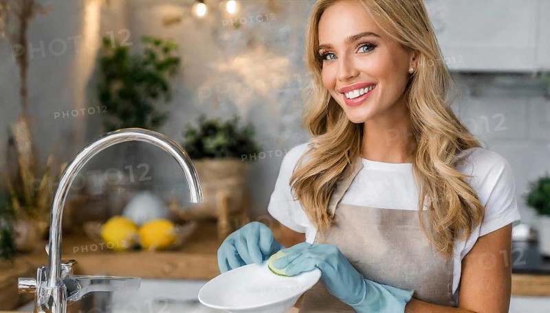 AI generated, woman, woman, 30, 35, blonde, blond, blonde, kitchen, sink, kitchen table, dishes, washing up, washing dishes, plates, cups, glasses, dishcloth, gloves, cleaning, water, polishing cloth, polishing, clean, cleanliness, housewife, mother, family