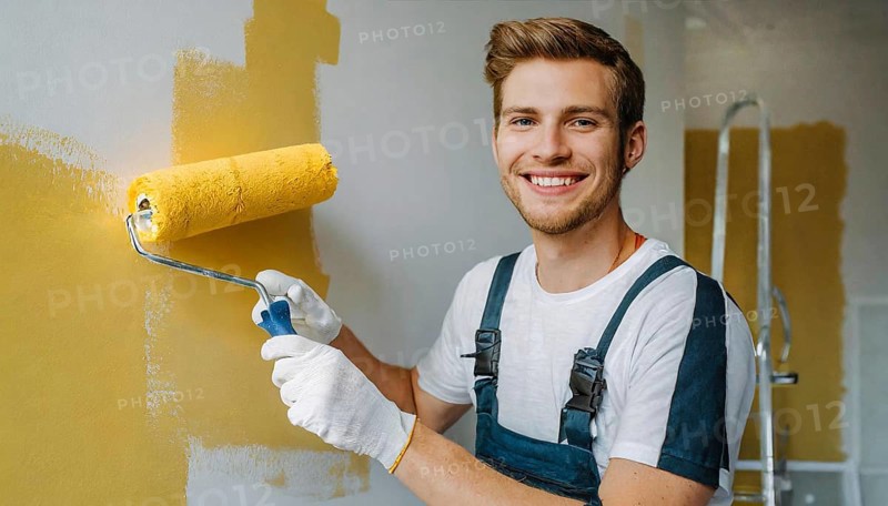 AI generated, man, men, a painter paints a wall with new yellow paint, father, renovation of old flat, paint roller, ladder, yellow, paint, 25, 30, years, a, person, occupation, occupations, leisure activity, family, smiles, smiling, fun at work, laughing, laughing, laughing, friend, partner, man