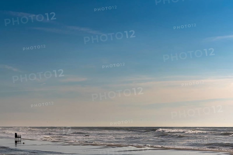 Upholstered chair washed up on the North Sea shore, flotsam, Oksbol, Region Syddanmark, Denmark, Europe