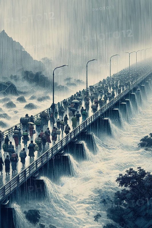 Moody image of huge group of commuters people with umbrellas braving a storm while crossing a bridge over wavy waters, AI generated