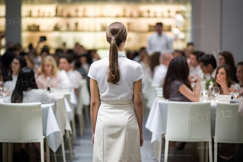 Back view of female waitress in fancy restaurant full of guests at tables. KI generiert, generiert AI generated